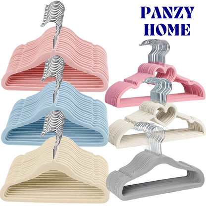 Set of pink, blue, beige, and gray kids velvet hangers with Panzy Home branding.