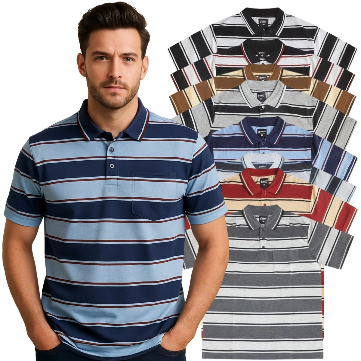 Panzy men's short sleeve striped polo shirt multiple colour, black white, back white red, brown beige black, grey black white, navy sky red, white black sky, wine beige black