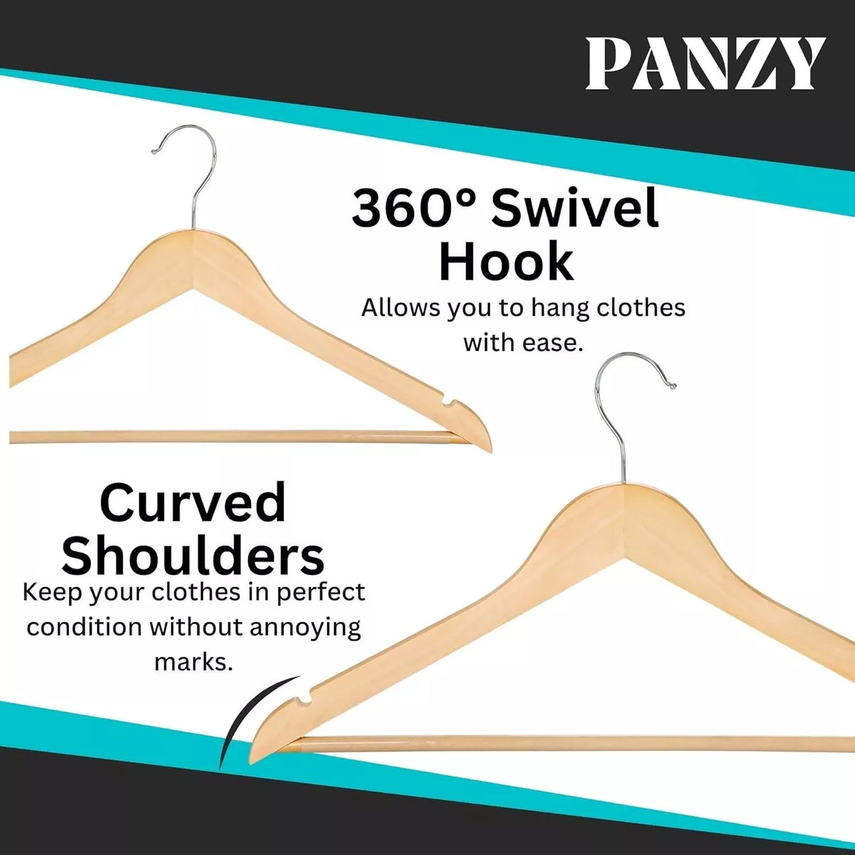 Wooden hangers with 360-degree swivel hook and curved shoulders on a Panzy branded background.