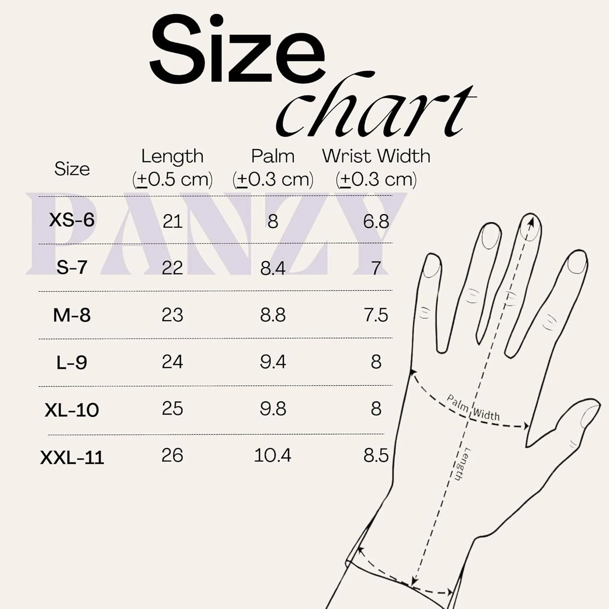 Safety work gloves size chart