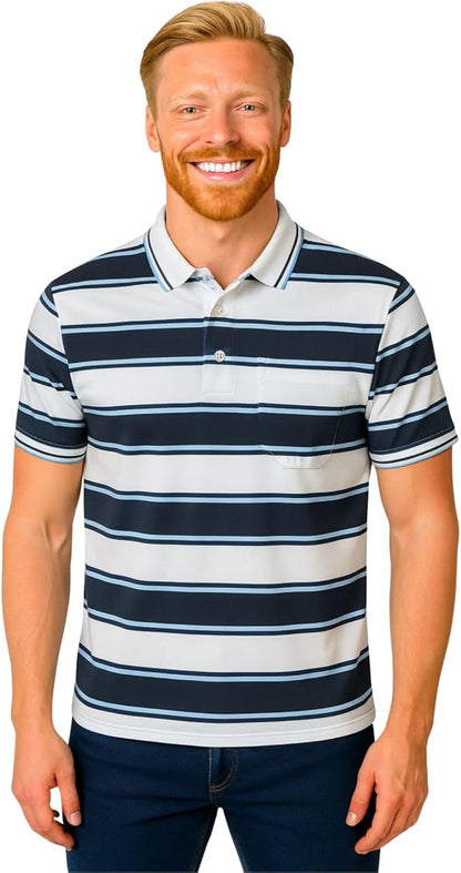 Men's short sleeve striped polo shirt white_black_sky colour